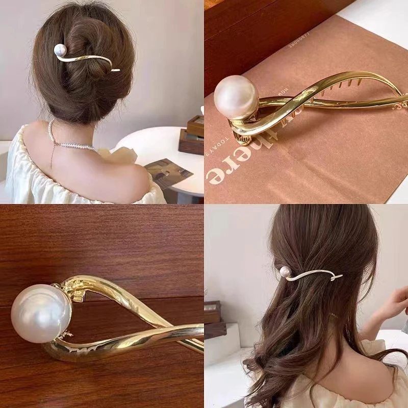 纳家高端发饰 珍珠一字夹后脑勺发夹感盘发青蛙扣金属抓夹头饰女