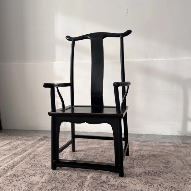 中式黑漆磨边做旧官帽椅全实木太师椅复古中古家具混搭风格主人椅