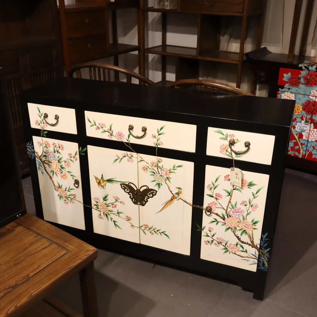 长130*宽40*高90  现在中式彩绘玄关柜鞋柜实木手绘白色简约客厅