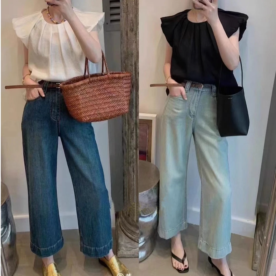 复古蓝高腰时尚小个子减龄阔腿牛仔裤宽松直筒版型2025春季新款