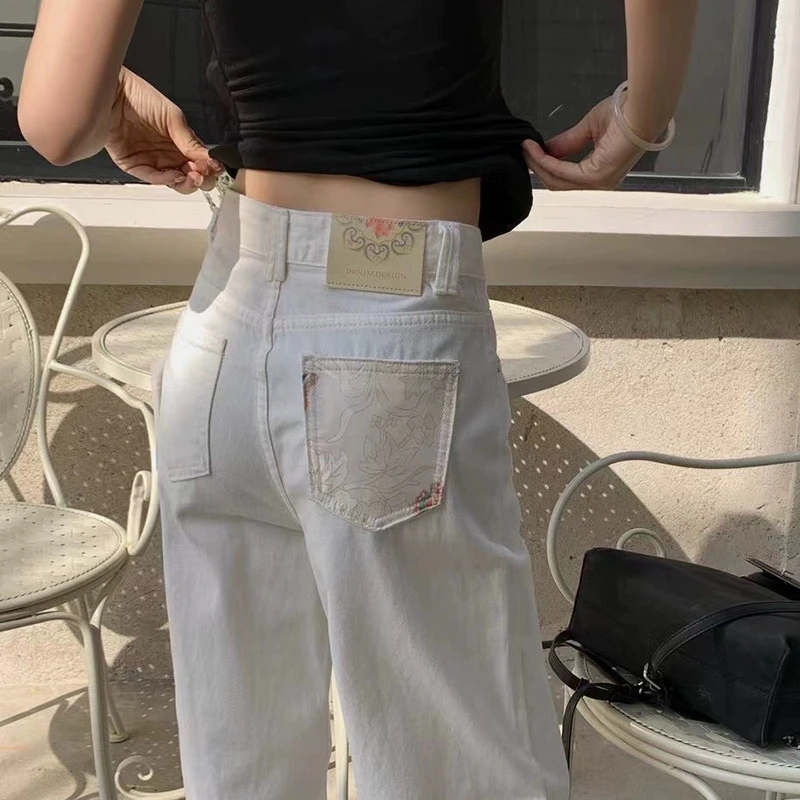 LEIYUAN/蕾媛白色国风高腰窄版阔腿裤女显瘦设计感拖地直筒裤