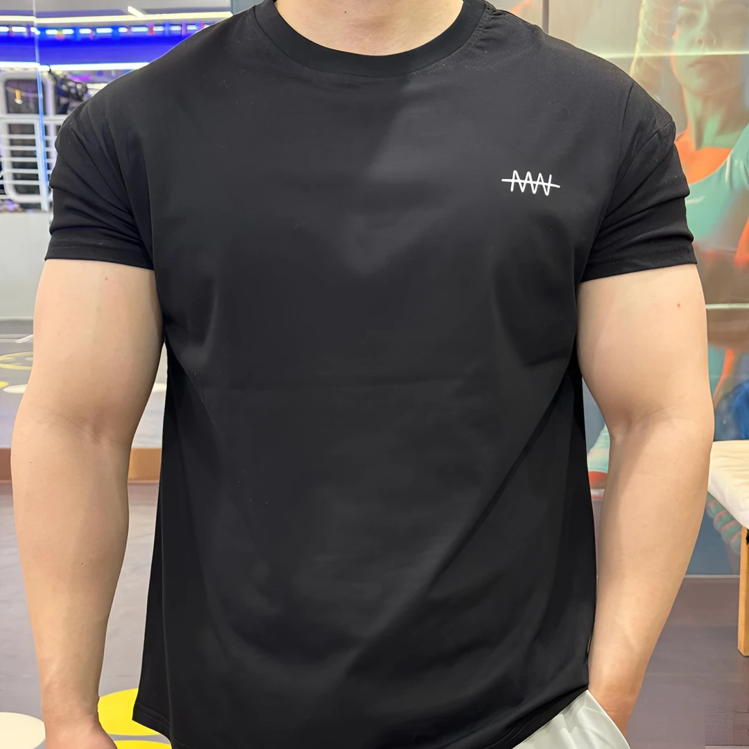 MW美式logo修身垫肩显大潮流T恤男士健身短袖休闲透气圆领弹力