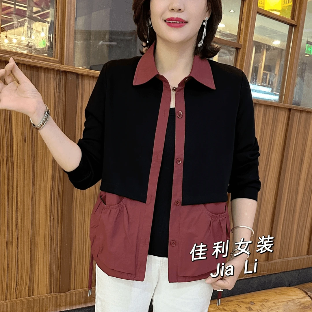 时尚百搭宽松中老年2025秋季网红新品纯色拼接设计款精致大码外套