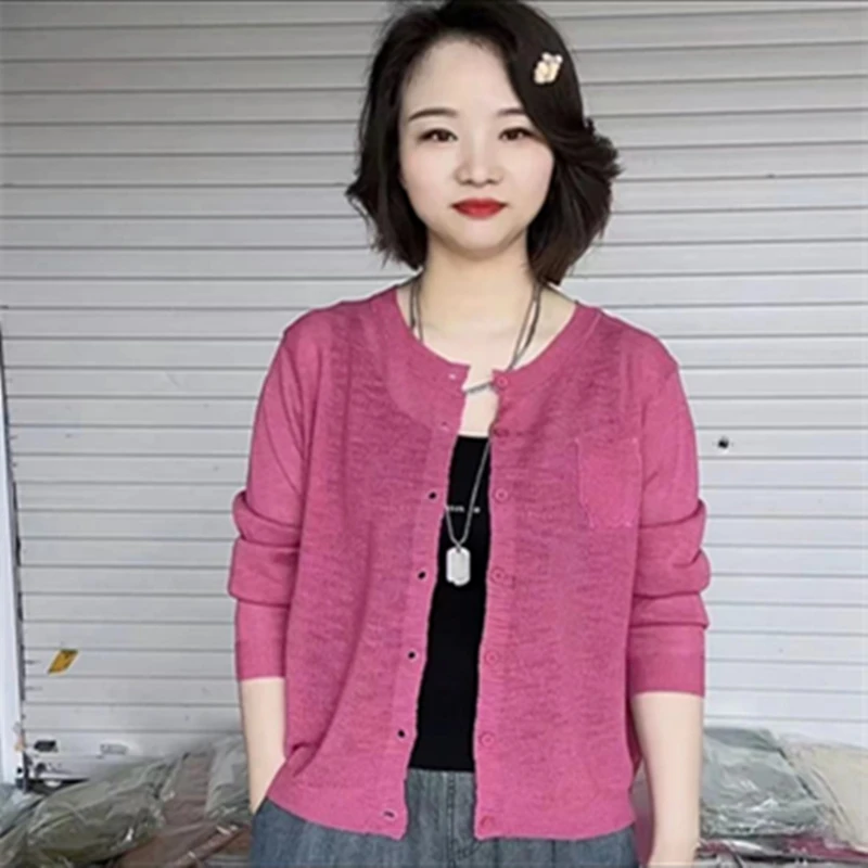 夏季薄款纯色休闲通勤防晒开衫外搭针织衫空调衫女宽松网红小衫