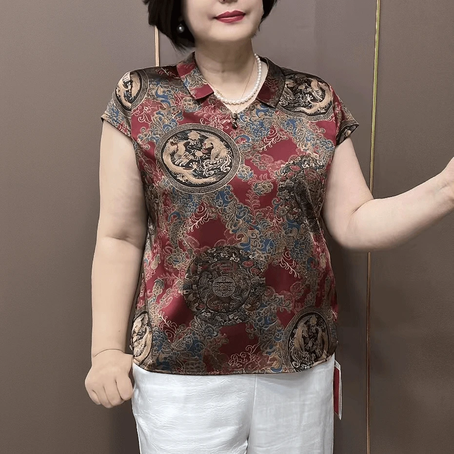 夏季网红新款龙凤呈祥新中式复古印花休闲通勤短袖凉爽气质妈妈装