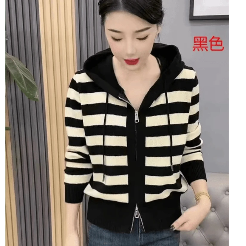 时尚百搭轻奢高档2025秋冬网红新款针织条纹长袖连帽拉链通勤上衣