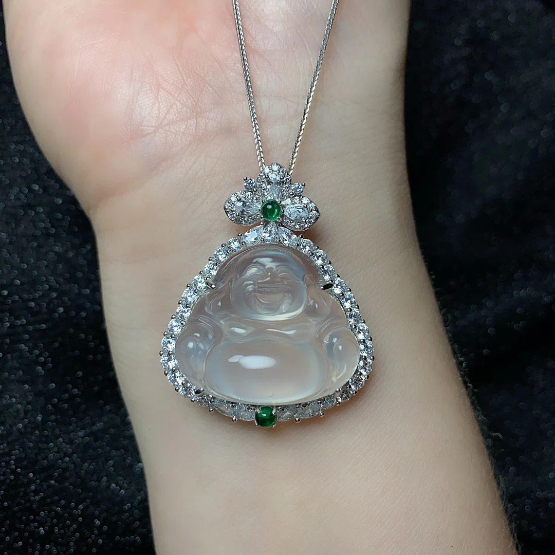 925银镶嵌玉髓佛公吊坠大肚佛项链弥勒佛锁骨链玉石挂件