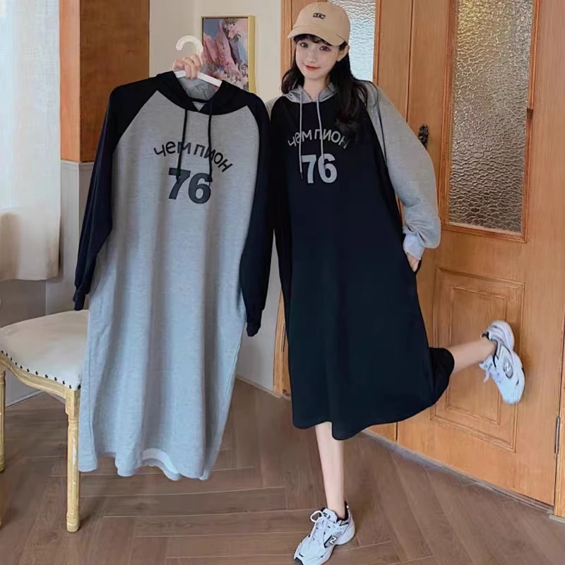 秋冬韩版连衣裙休闲长袖加绒慵懒风卫衣中长裙#1103