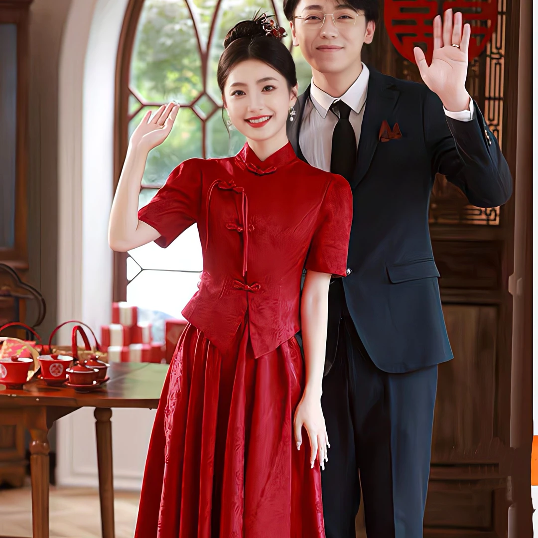 新中式旗袍结婚敬酒服2025新娘显瘦夏季短袖回门服红色订婚礼服女