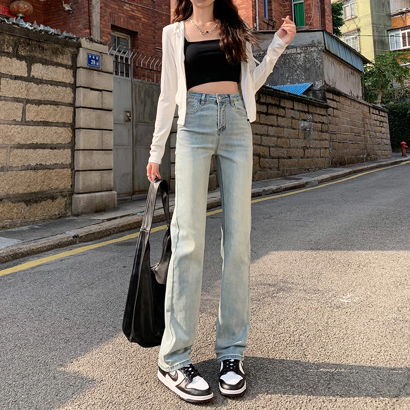 香港高端超柔弹力烟管裤春季小个子显瘦修身直筒牛仔裤窄版直筒裤