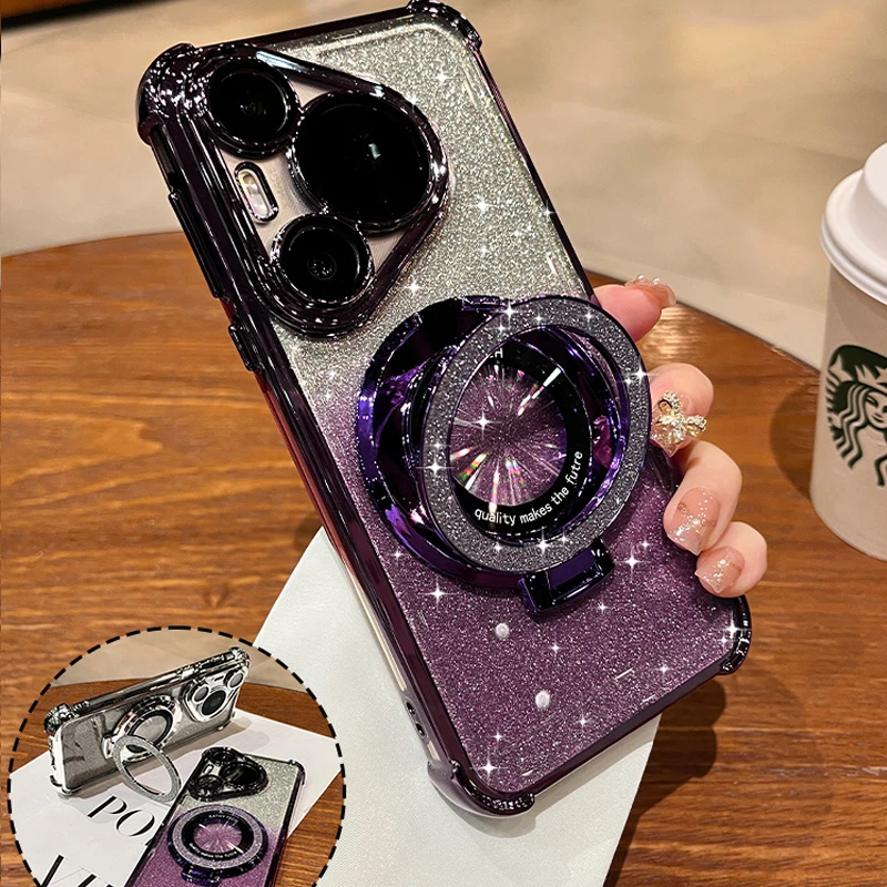 气囊防摔闪粉磁吸支架适用华为pura70手机壳新款女奢华mate60硅胶