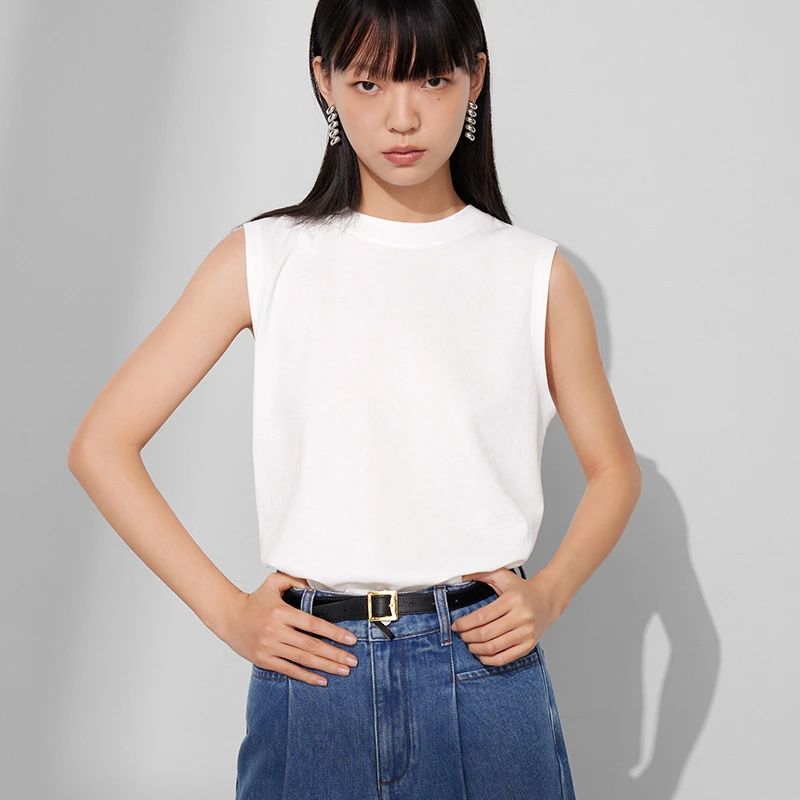 BLUEWEDIAN叠穿神器圆领无袖背心三醋酸天丝白色直角肩打底T恤