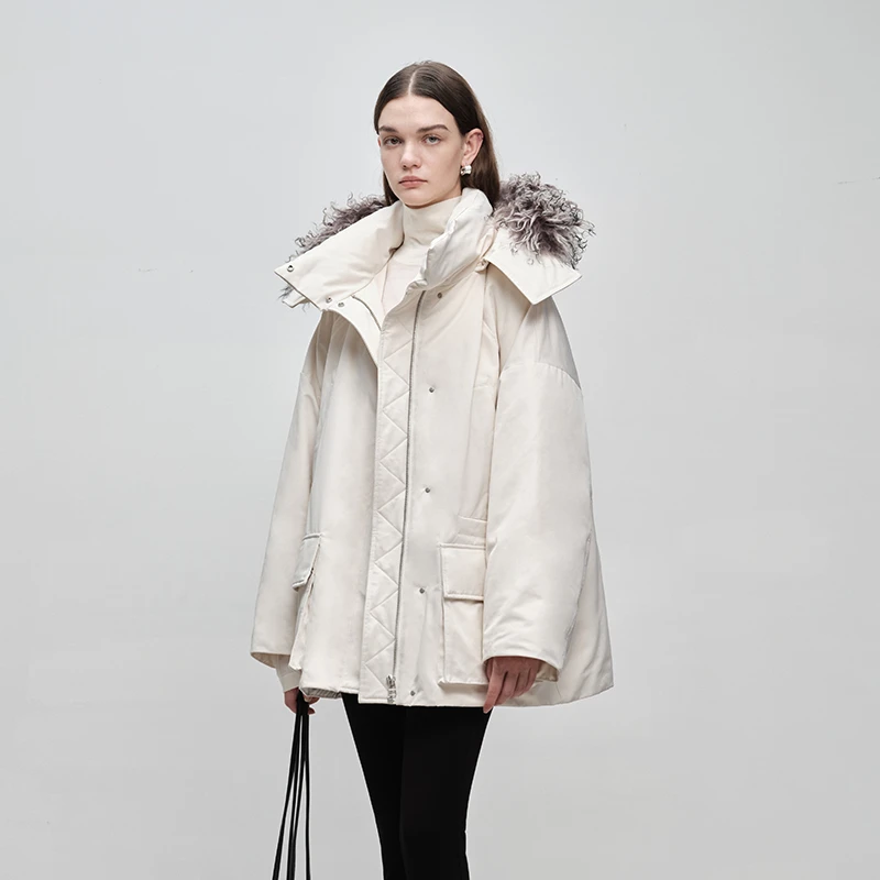 BLUEWEDIAN可拆卸毛领简约工装大口袋防风宽松鹅绒羽绒服秋冬新品