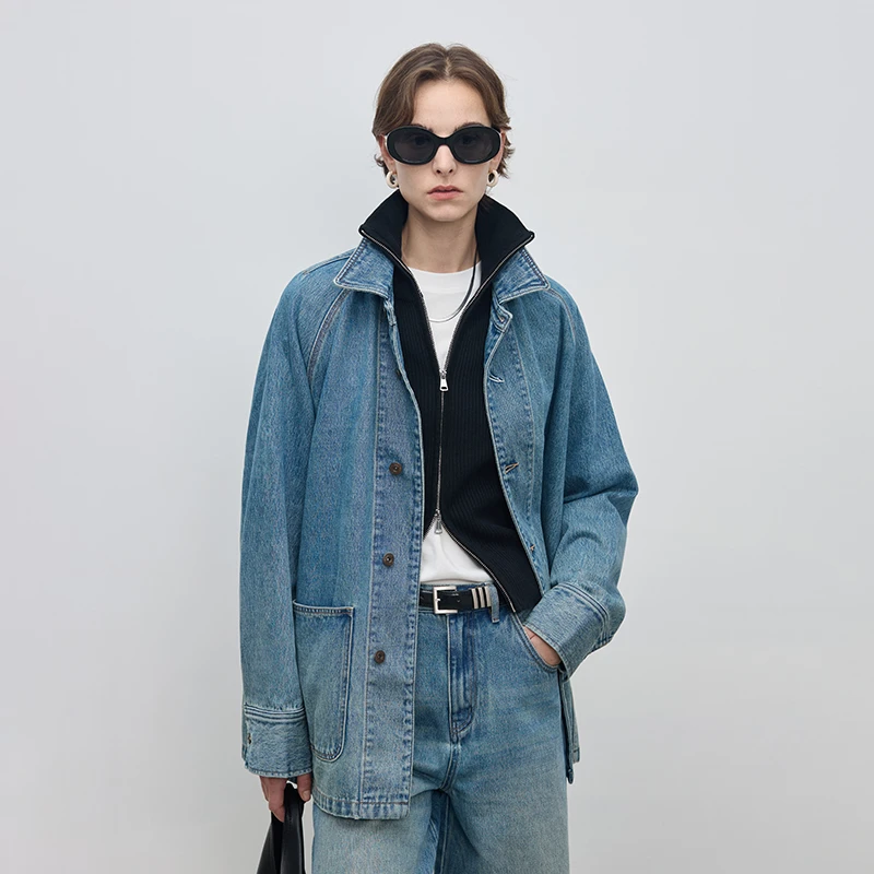 BLUEWEDIAN复古水洗牛仔丹宁翻领夹克外套牛仔裤套装春秋季新品