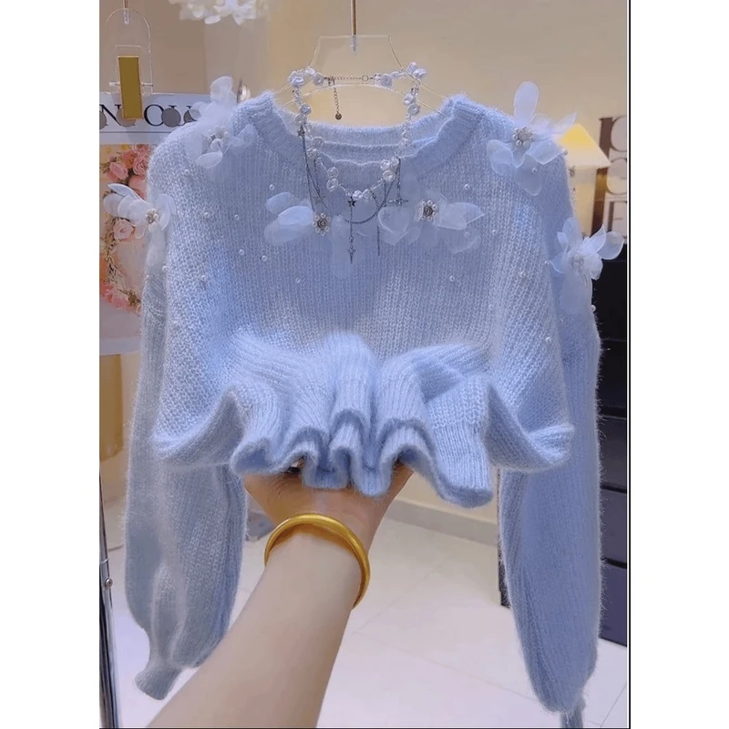 钉珠花朵小香风毛衣软糯风甜美温柔长袖针织衫网红减龄毛衣针织衫