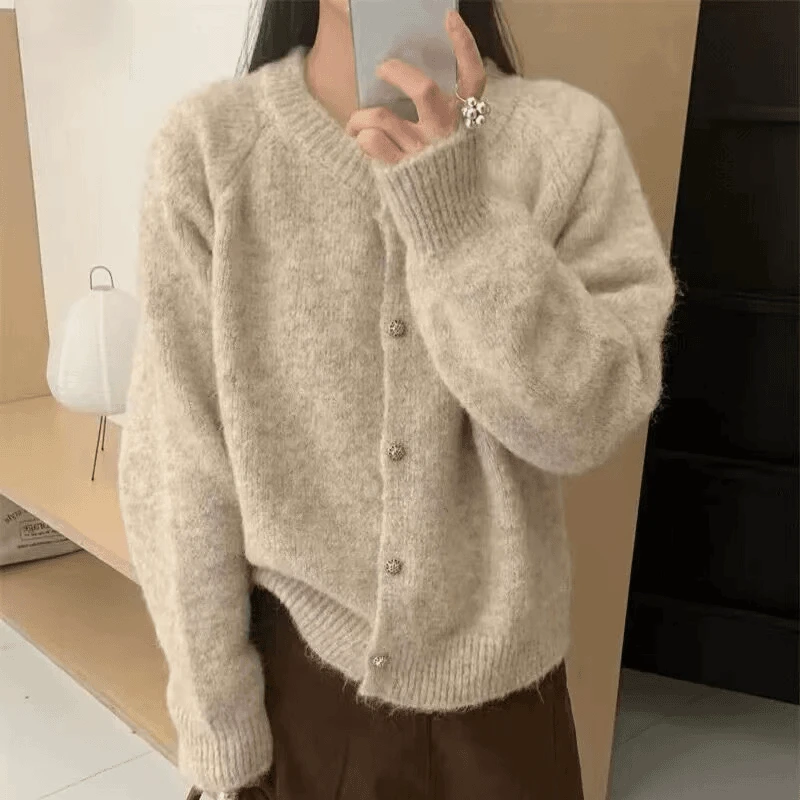 温柔风毛茸茸圆领毛衣开衫女2024秋冬韩系简约单排扣软糯针织外套