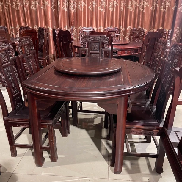 新红利居推荐—轻奢新中式家用古典餐厅圆形雕花128伸缩圆桌餐桌