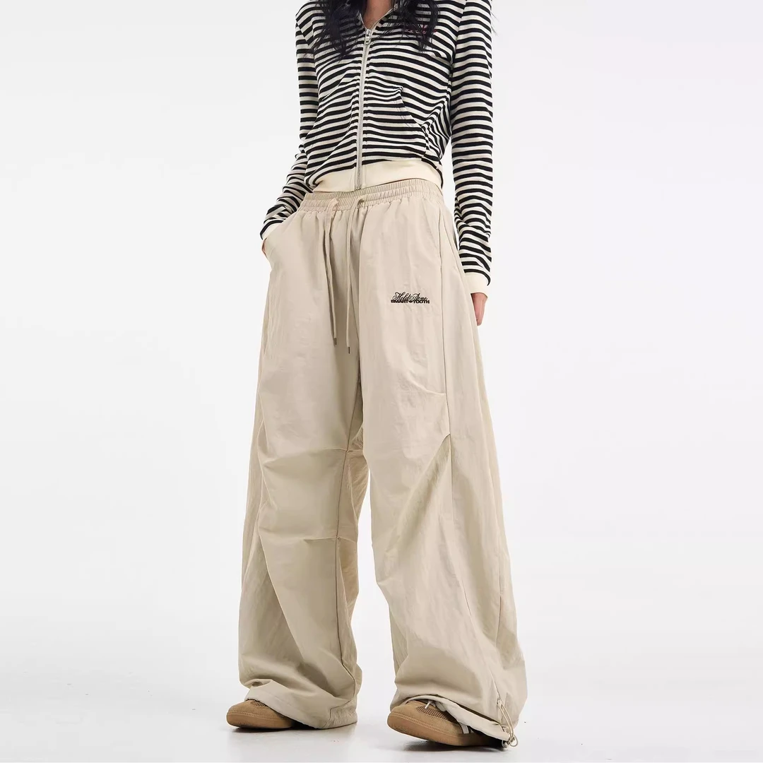 美式高街褶皱加绒弯刀裤男女秋冬季松紧腰抽绳宽松阔腿拖地休闲裤