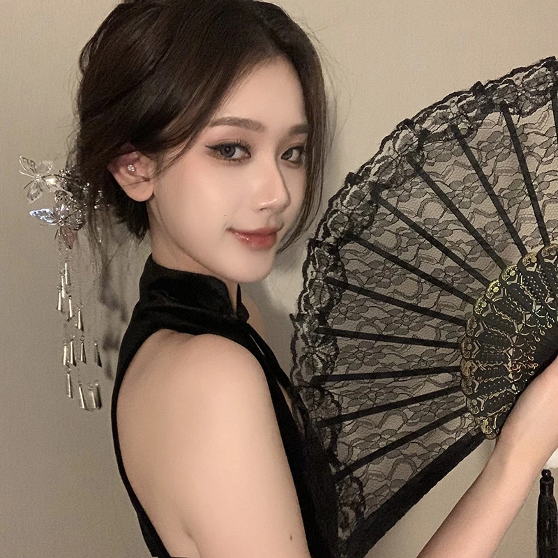 蕾丝折扇黑暗萝莉哥特风洛丽塔日式网络视频咬扇子挡脸反差变装