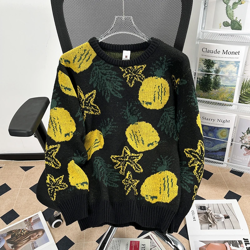 原宿风潮流水果满提花男女生韩版毛线衣宽松情侣装针织衫