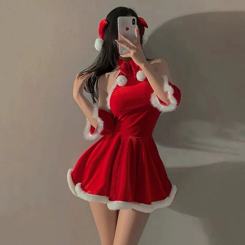 情调趣味甜美可爱新年衣服红色圣诞节制服挂脖连衣裙情侣约会战袍