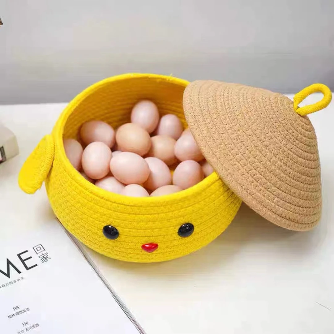 B5创意卡通桌面收纳棉绳家用茶几杂物筐化妆品整理储物带盖20*18