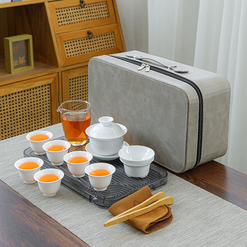 语诗阁德化白瓷茶具茶盘便携式套装旅行功夫户外陶瓷盖碗茶杯家用