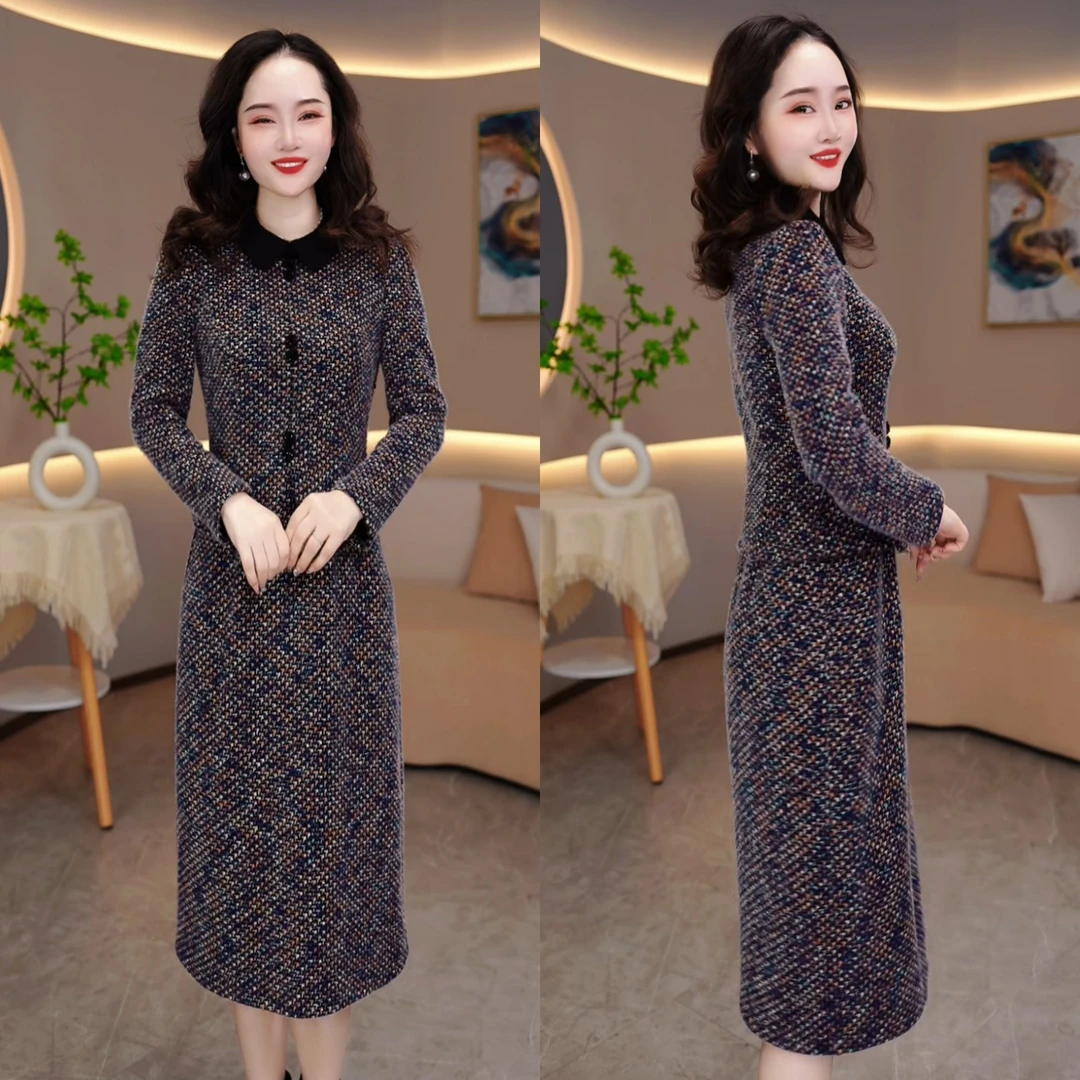 2024冬季轻职风时尚气质减龄显瘦加厚洋气长袖假两件连衣裙M-5XL