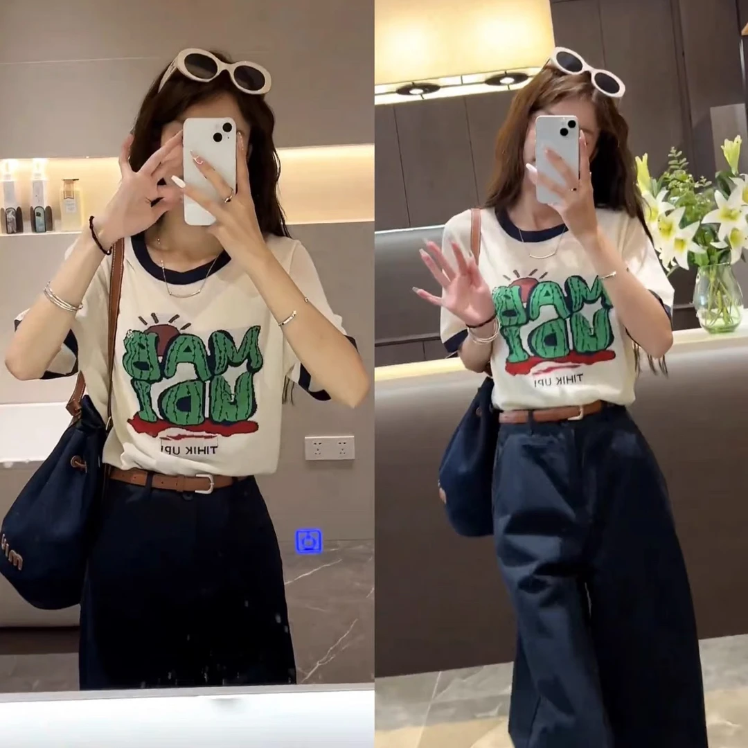 YueBeiLa/月贝拉夏季新款微胖大码女装减龄撞色圆领印花短袖T恤