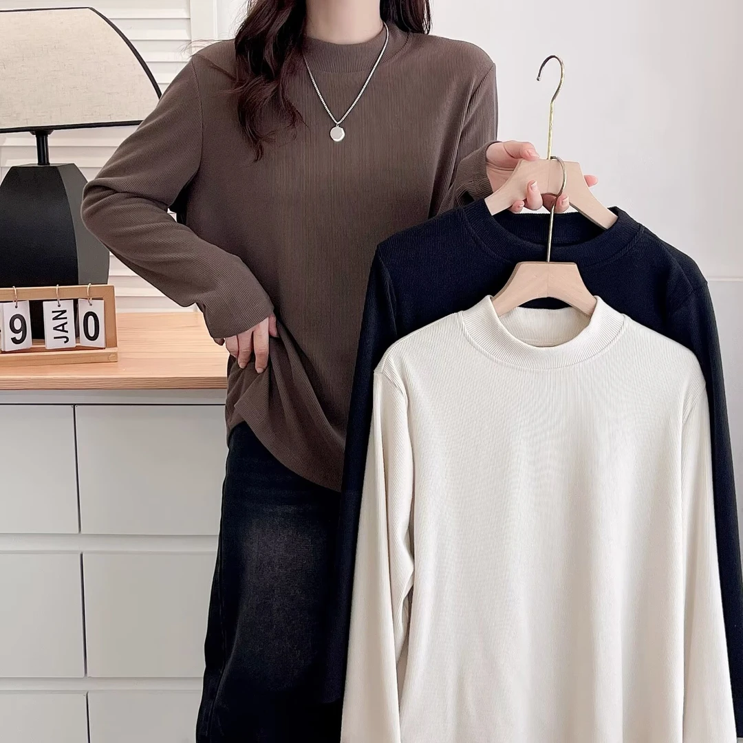 YueBeiLa/月贝拉秋冬大码女装宽松慕斯绒半高领纯色打底长袖上衣