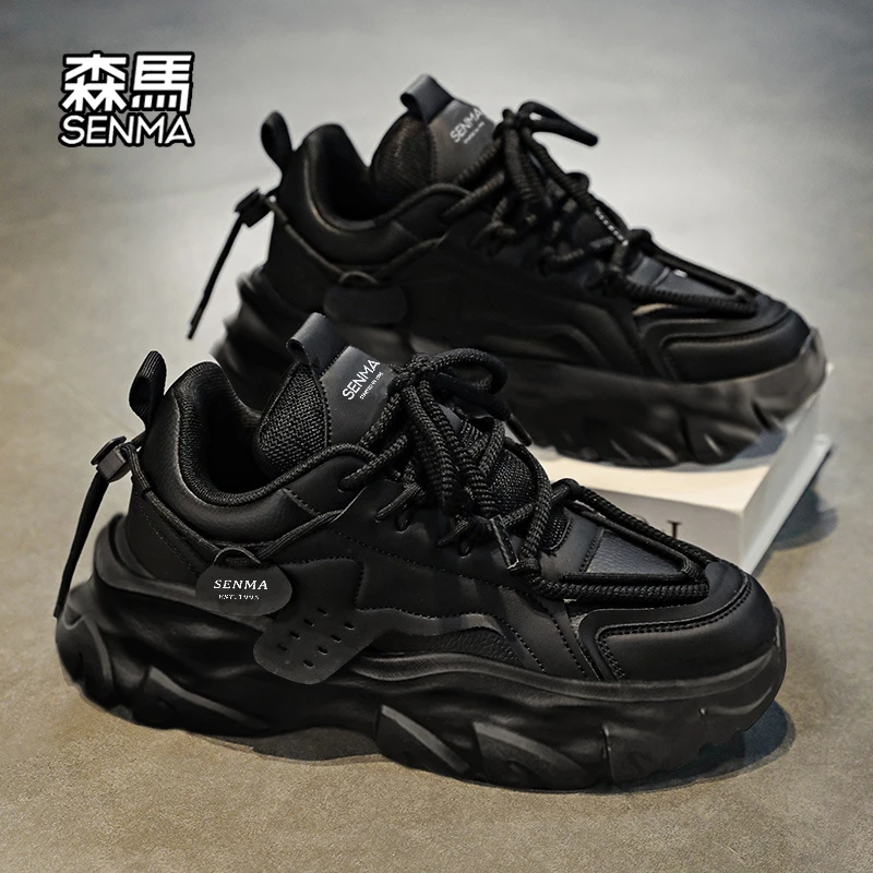 森马男鞋2025秋季新款潮流厚底黑色增高老爹鞋学生皮面时尚运动鞋