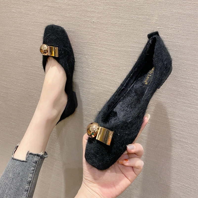 秋冬毛毛鞋女外穿平底鞋黑色加绒方头软底豆豆鞋女棉瓢鞋船鞋单鞋