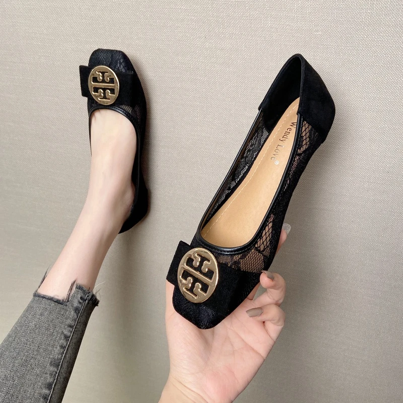 凉鞋女2025年夏季新款平底单鞋蕾丝方头豆豆鞋网纱透气大码工作鞋