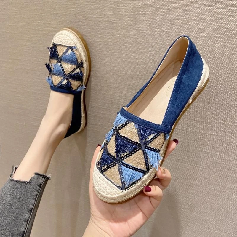 2025年春夏新款百搭亮片渔夫鞋女草编平底鞋一脚蹬懒人厚底单鞋41