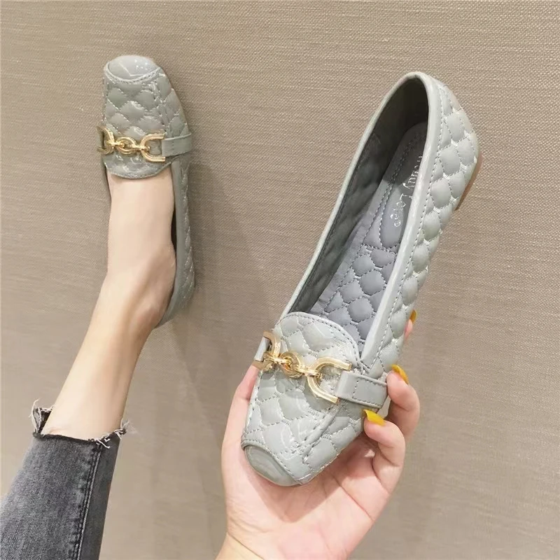 潮牌单鞋女2025春夏新款时尚平底百搭豆豆鞋方头浅口软皮低跟大码