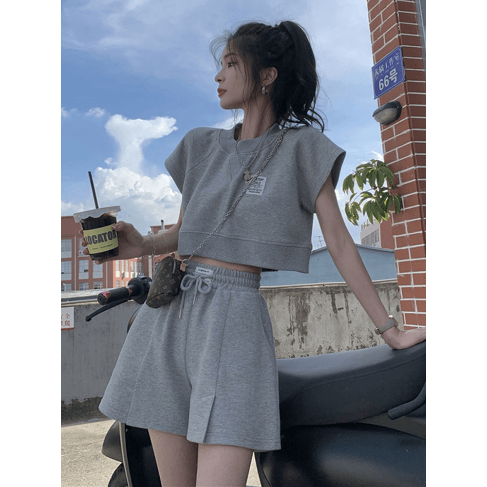 休闲运动套装女夏2024新款韩版宽松短袖高腰阔腿短裤时尚两件套潮