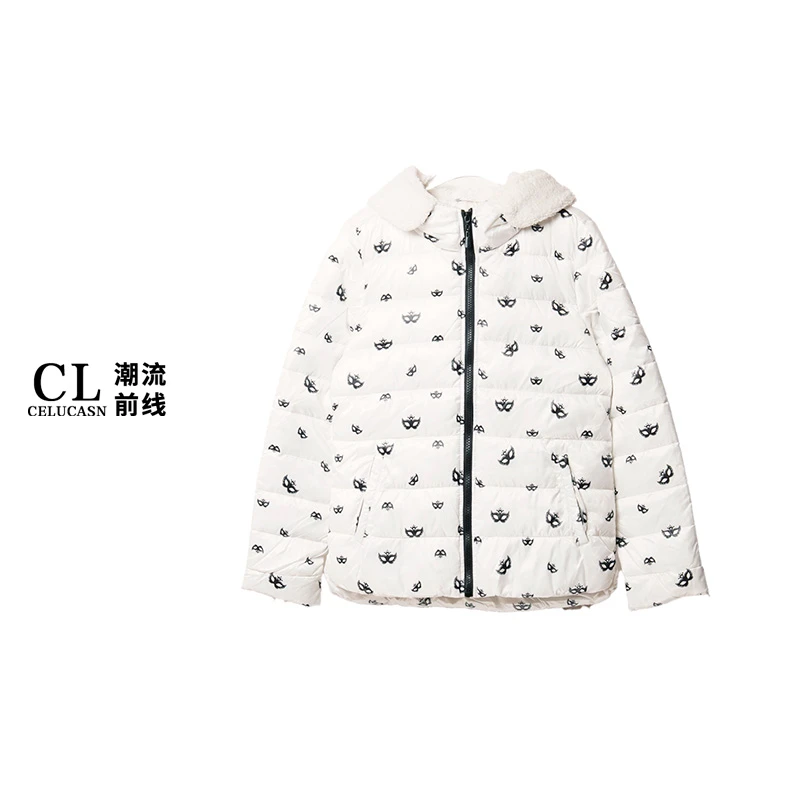 B5VPY228#通勤面具印花连帽厚棉服冬季女装新款潮流时尚外套女