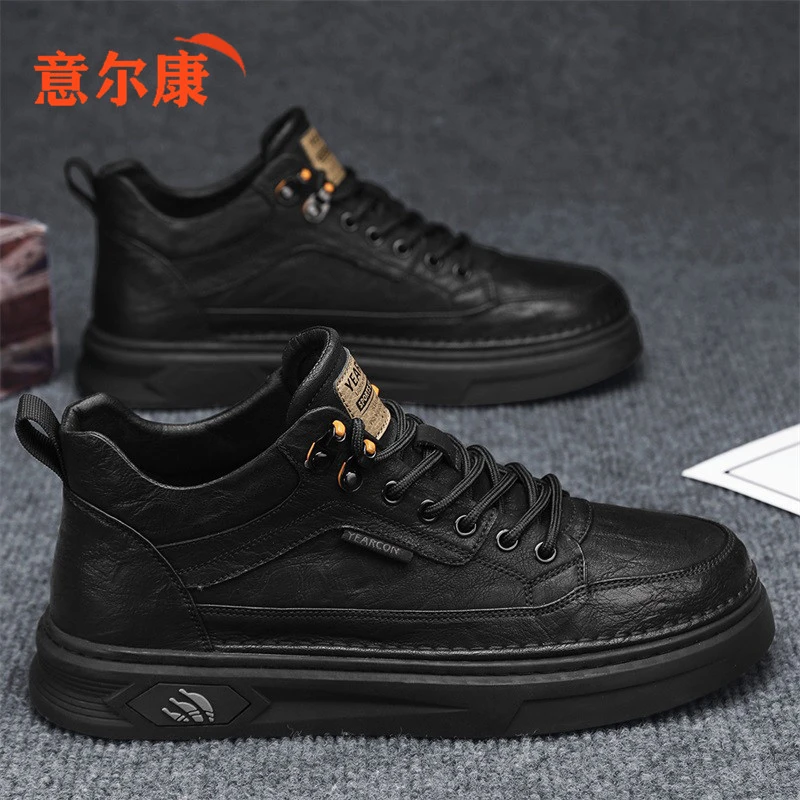 意尔康男鞋秋冬季潮流百搭上班工作黑色皮鞋男士休闲防滑平底板鞋