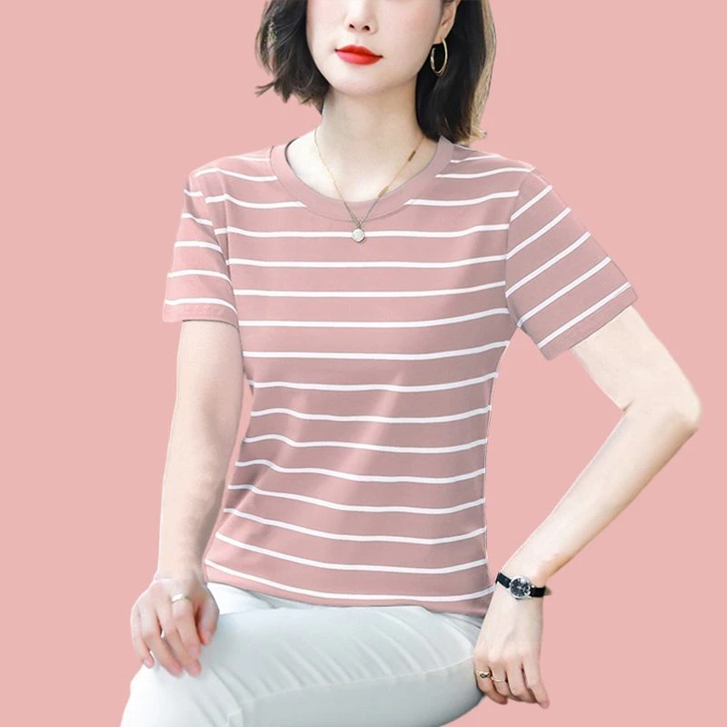 夏装女士T恤短袖2024年新款胖mm大码宽松圆领条纹半袖小衫妈妈装