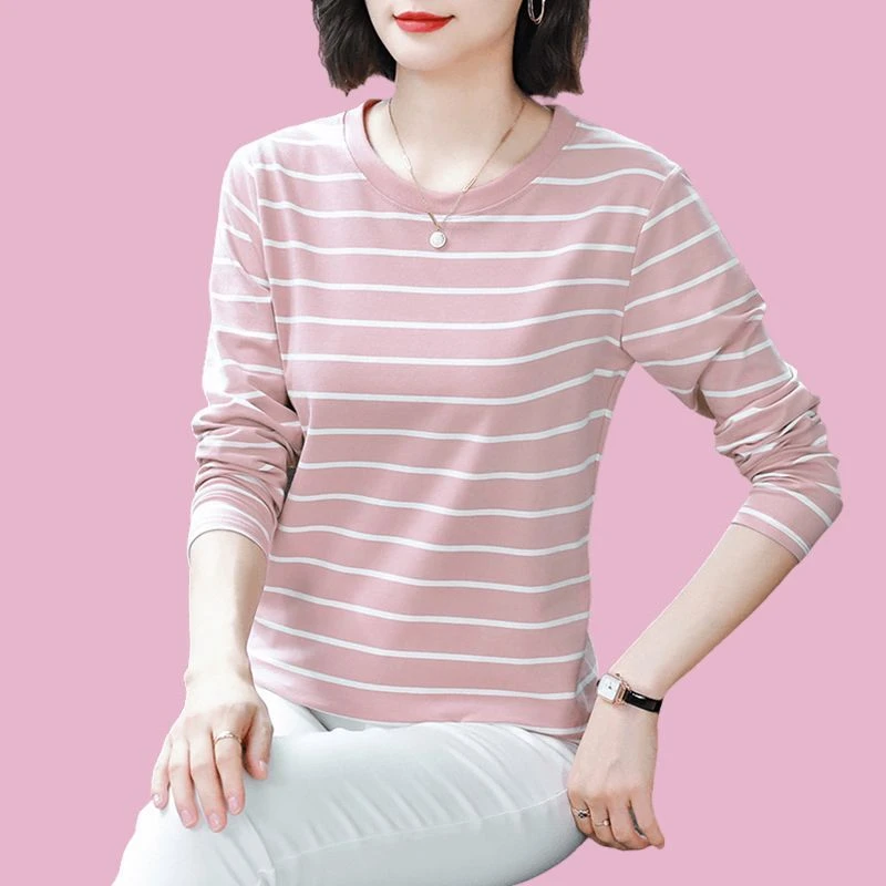 2025年新款圆领大码女装棉质长袖T恤女士宽松遮肉内搭春秋打底衫
