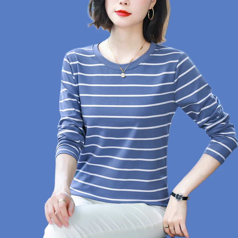 棉质春秋新款长袖T恤女秋衣外穿宽松加大码中年妈妈装显瘦打底衫