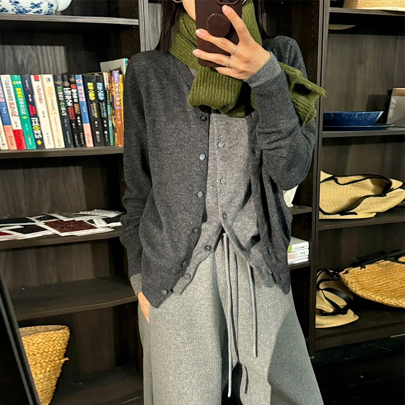 PURITY YH小众时尚长袖百搭宽松高级感羊毛气质毛针织开衫假两件