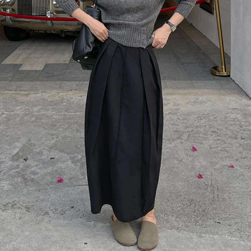 PURITY YH黑色西装半身裙女 2024秋新款百褶裙显瘦A字花苞裙