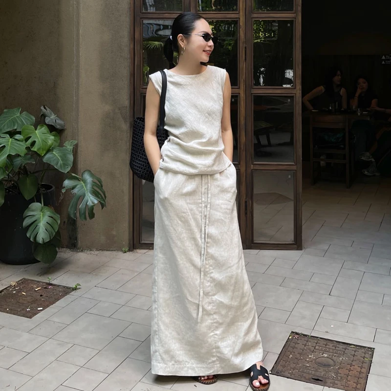 PURITY YH亚麻套装裙女高端舒适简约轻熟风无袖上衣半身裙两件套