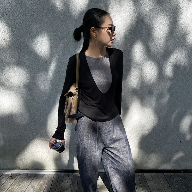 PURITY YH 小众秋季新款长袖长t恤气质显瘦撞色假两件上衣