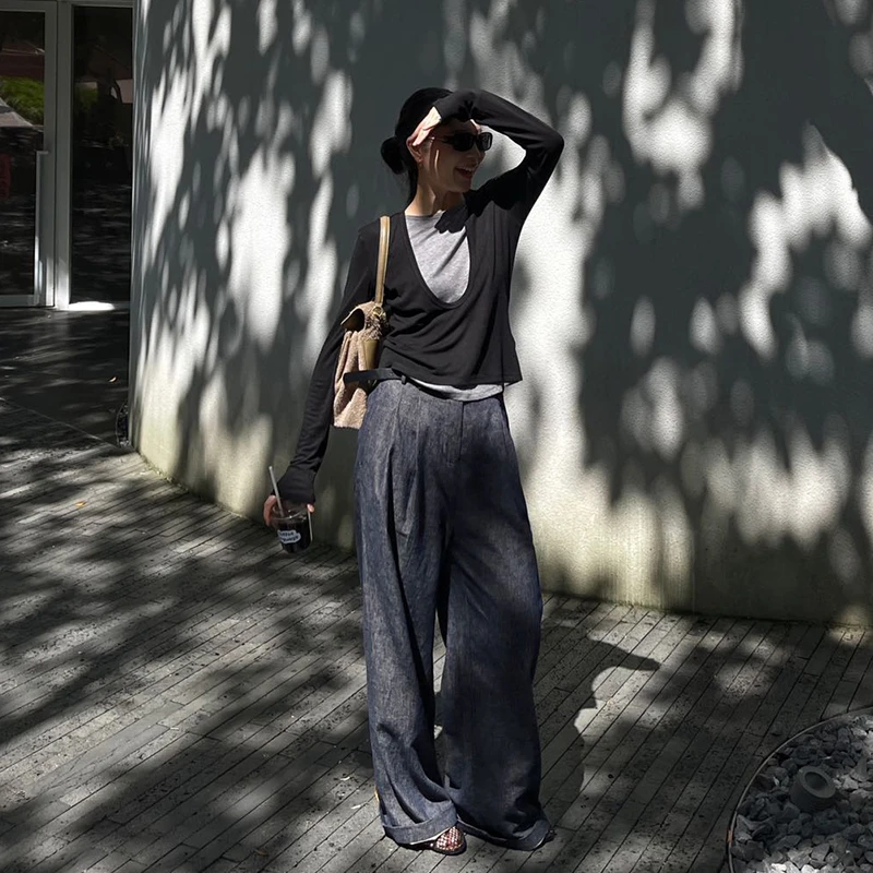 PURITY YH秋季高级感灰色休闲裤宽松垂感拖地裤秋亚麻阔腿裤女
