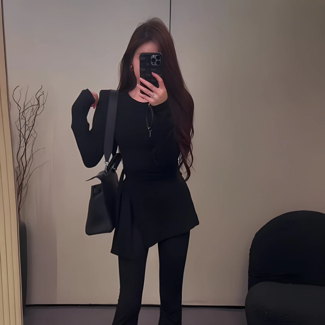 法式不规则设计感收腰绑带长袖T恤春秋季修身显瘦内搭百搭上衣潮