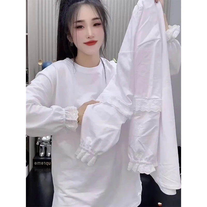 白色德绒遮屁股蕾丝打底衫女2025秋冬新款简约宽松显瘦百搭长袖