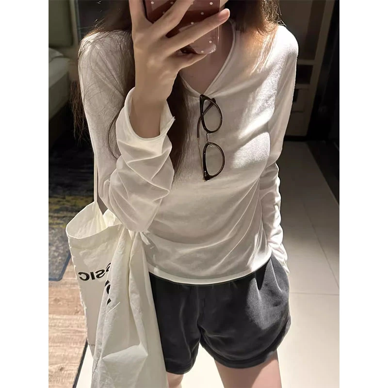 极简风薄款卷边长袖t恤女春秋松弛感韩系氛围感打底小众百搭上衣