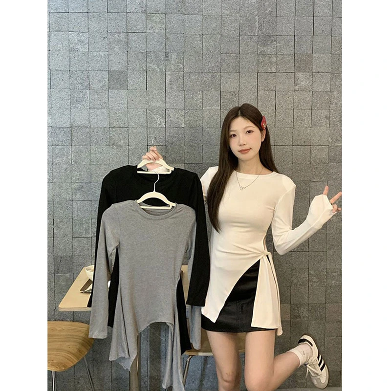 春秋季开叉设计感修身显瘦圆领纯欲百搭长袖t恤女不规则打底衫潮